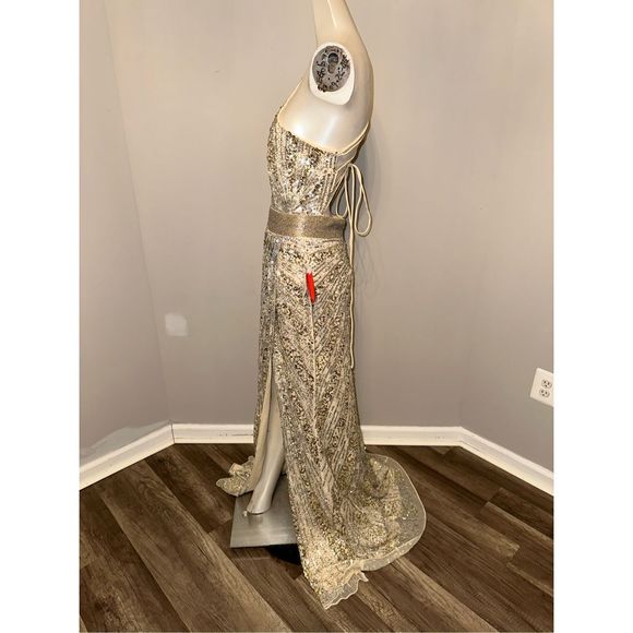 MAC DUGGAL SEQUINED ONE SHOULDER DRAPED LACE UP GOWN - Picture 6 of 9